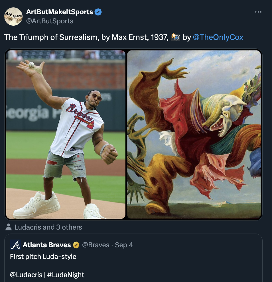 fireside angel - ArtButMakeltSports The Triumph of Surrealism, by Max Ernst, 1937, by eorgia Brates Ludacris and 3 others Atlanta Braves Sep 4 First pitch Ludastyle |